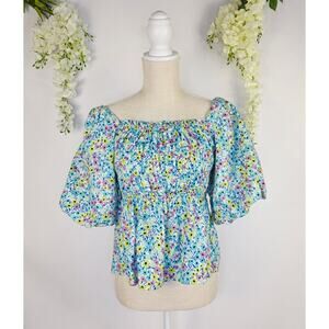 Love Notes Peasant Blouse Large Blue Floral Smocked Puff Sleeve Cottage Prairie